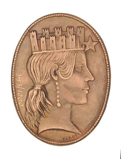 Placchetta ovale uniface in bronzo con l’Italia Turrita