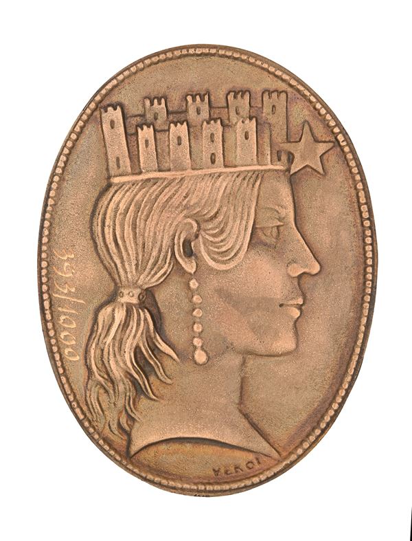 Guido Veroi - Placchetta ovale uniface in bronzo con l'Italia Turrita
