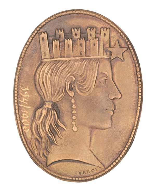 Guido Veroi - Placchetta ovale uniface in bronzo con l'Italia Turrita