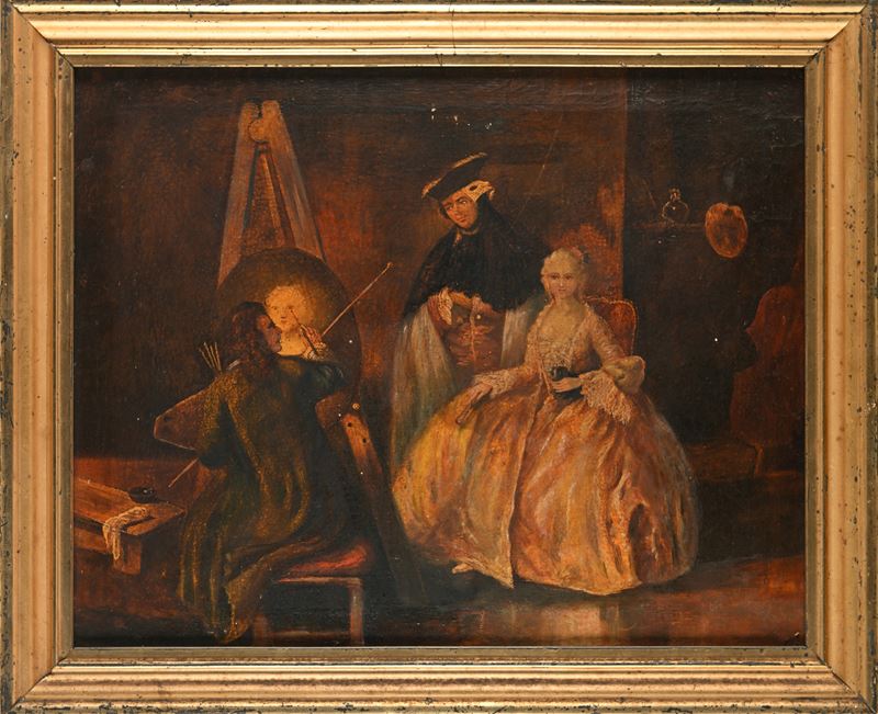 Il pittore davanti al suo cavalletto ritrae una giovane donna