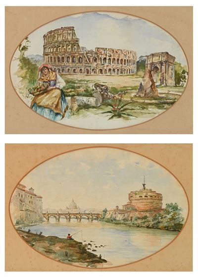Coppia di Acquarelli di Vedute di Roma A) Ponte Sant'angelo B) Colosseo
