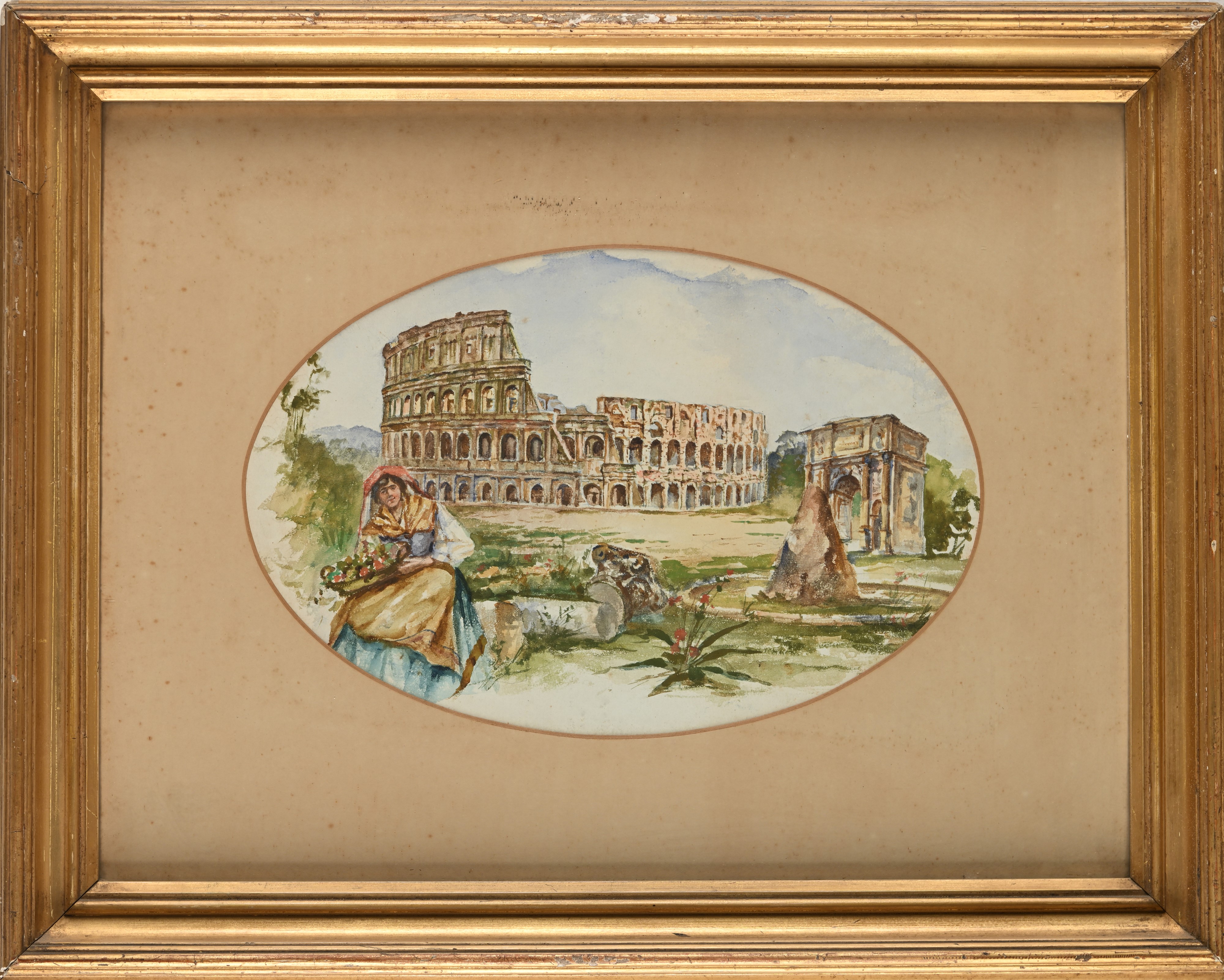 Coppia di Acquarelli di Vedute di Roma A) Ponte Sant'angelo B) Colosseo