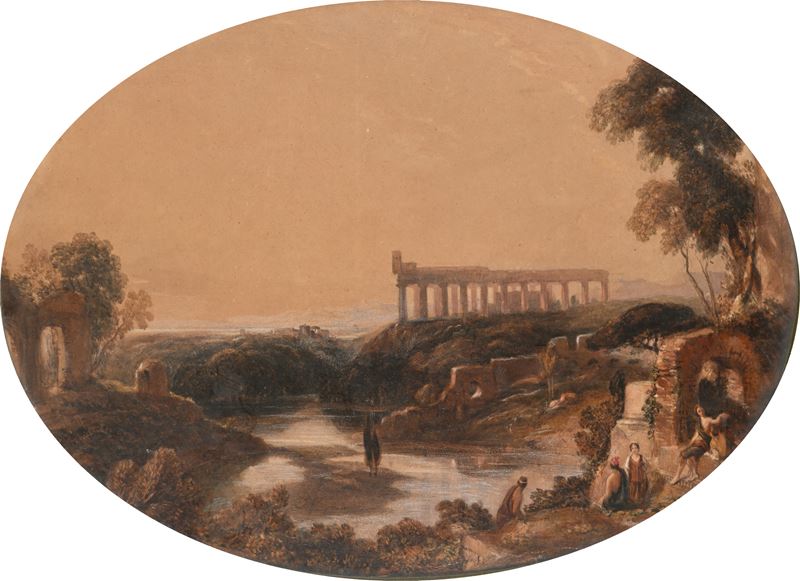 Paesaggio lacustre con tempio classico