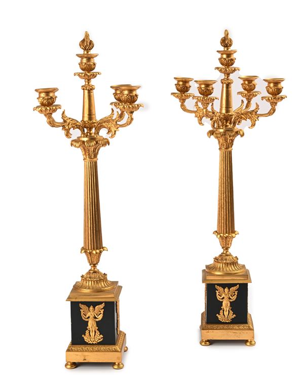 Coppia di candelabri in bronzo dorato e brunito a cinque luci, Francia, XIX secolo