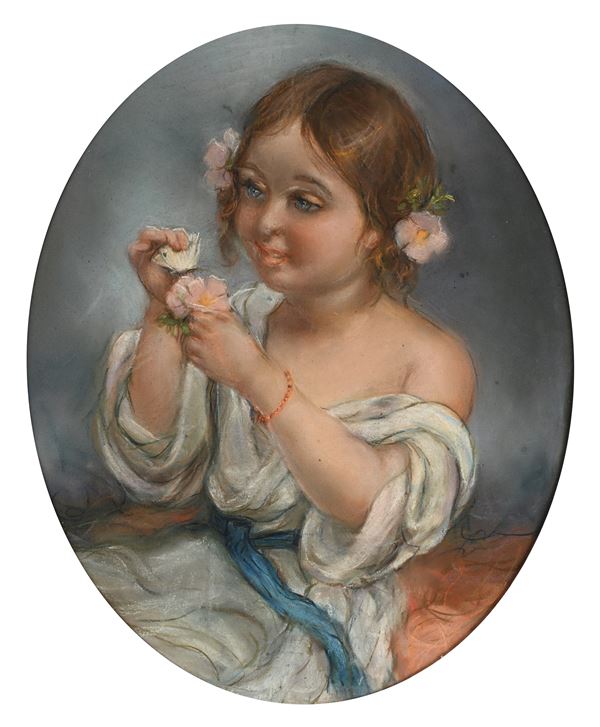 Pittore fine XIX/inizi XX secolo - Bimba con fiori fra i capelli e farfalla bianca in mano