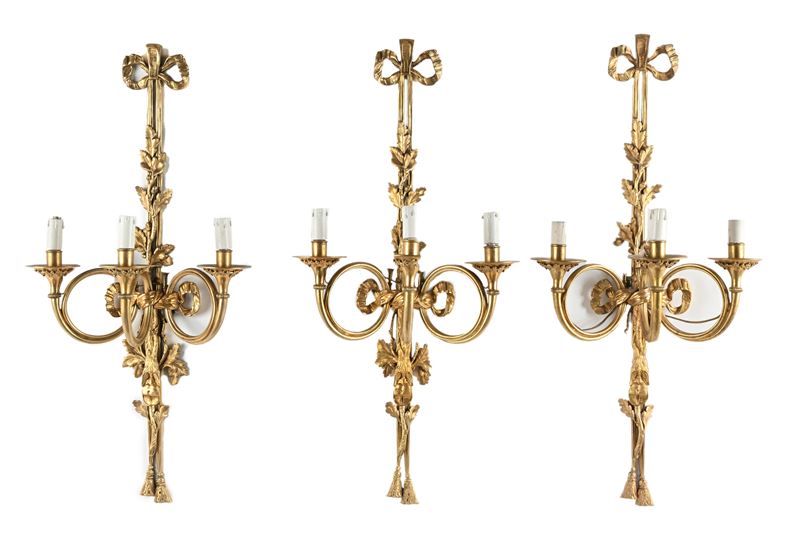 Tre Appliques in Bronzo Dorato a Tre Luci, Fine XIX Secolo