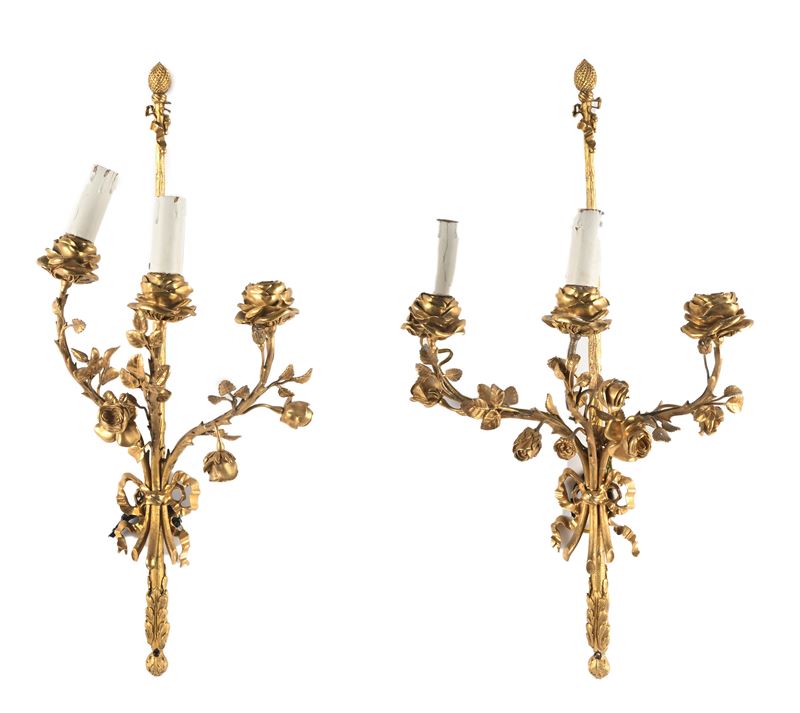 Coppia di Appliques in Bronzo Dorato a Tre Luci, XX Secolo