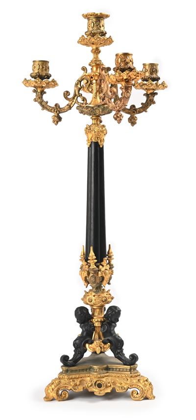 Candeliere a Cinque Luci in Bronzo Dorato e Legno, XIX Secolo