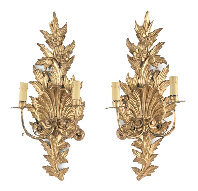Coppia di Appliques in Legno Dorato a Due Luci, Seconda Metà del XIX Secolo