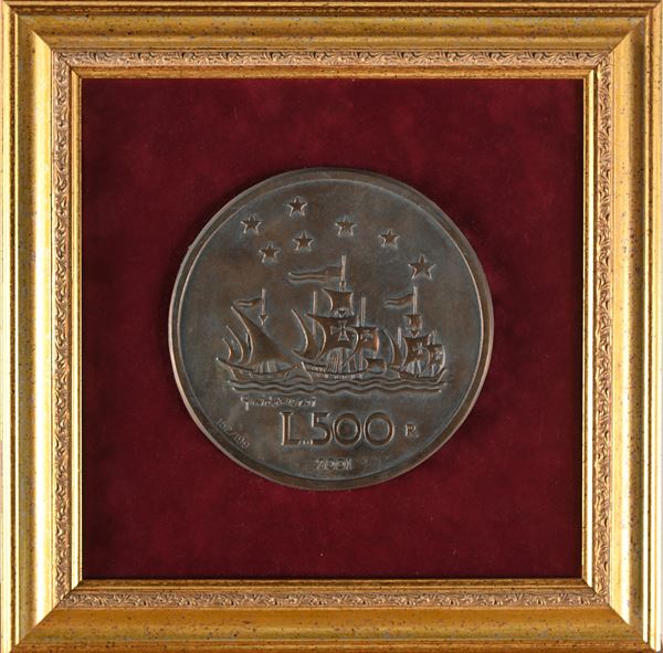 Guido Veroi - Placca uniface raffigurante la moneta da 500 Lire "Caravella" della Repubblica Italiana,  [..]