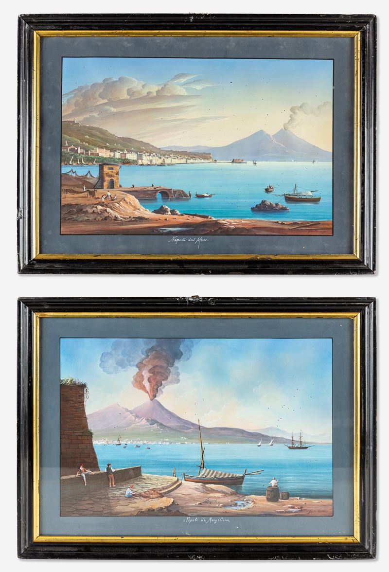 Pittore della Fine del XIX Secolo - A) Napoli da Mergellina B) Napoli dal Mare
