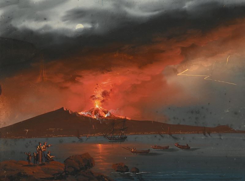 Pittore Fine XIX/inizi XX Secolo - Notturno Col Vesuvio in Eruzione