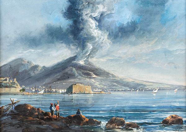 Pittore fine XIX/inizi XX secolo - Veduta del golfo di Napoli col Vesuvio