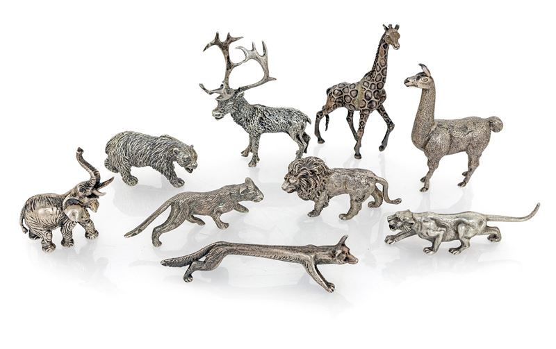 Nove Sculture Raffiguranti Animali in Argento