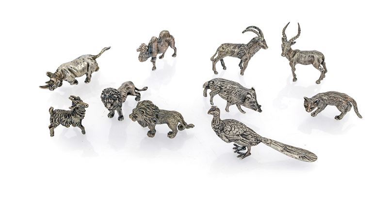 Dieci Piccole Sculture in Argento Raffiguranti Animali