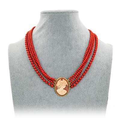 Collana a Quattro Fili Corallo Bambù, Argento Dorato Cammeo