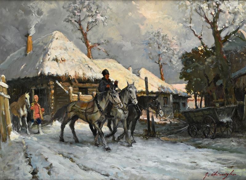Giuseppe Chiacigh - Paesaggio Russo con Figure e Cavalli