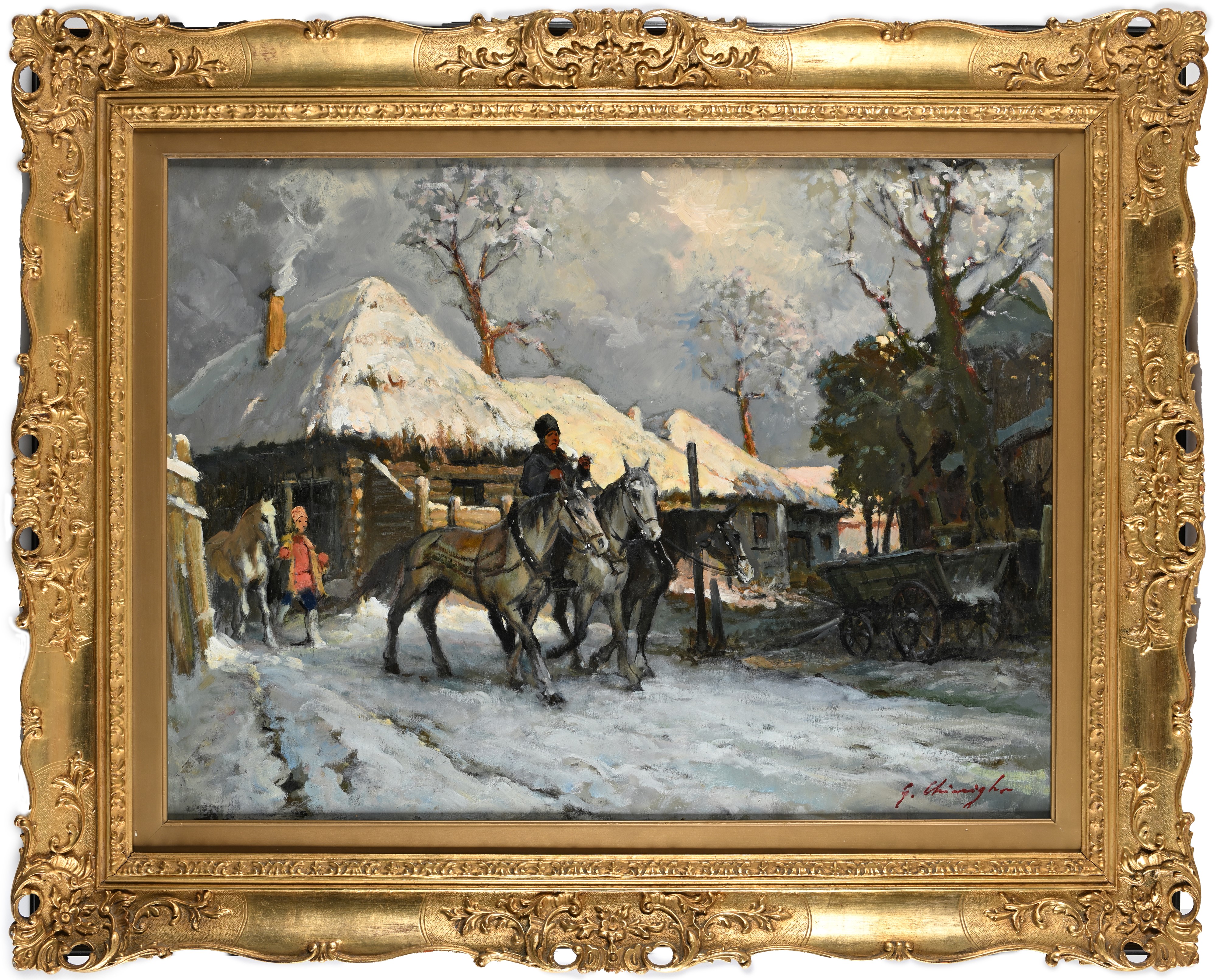 Paesaggio russo con figure e cavalli