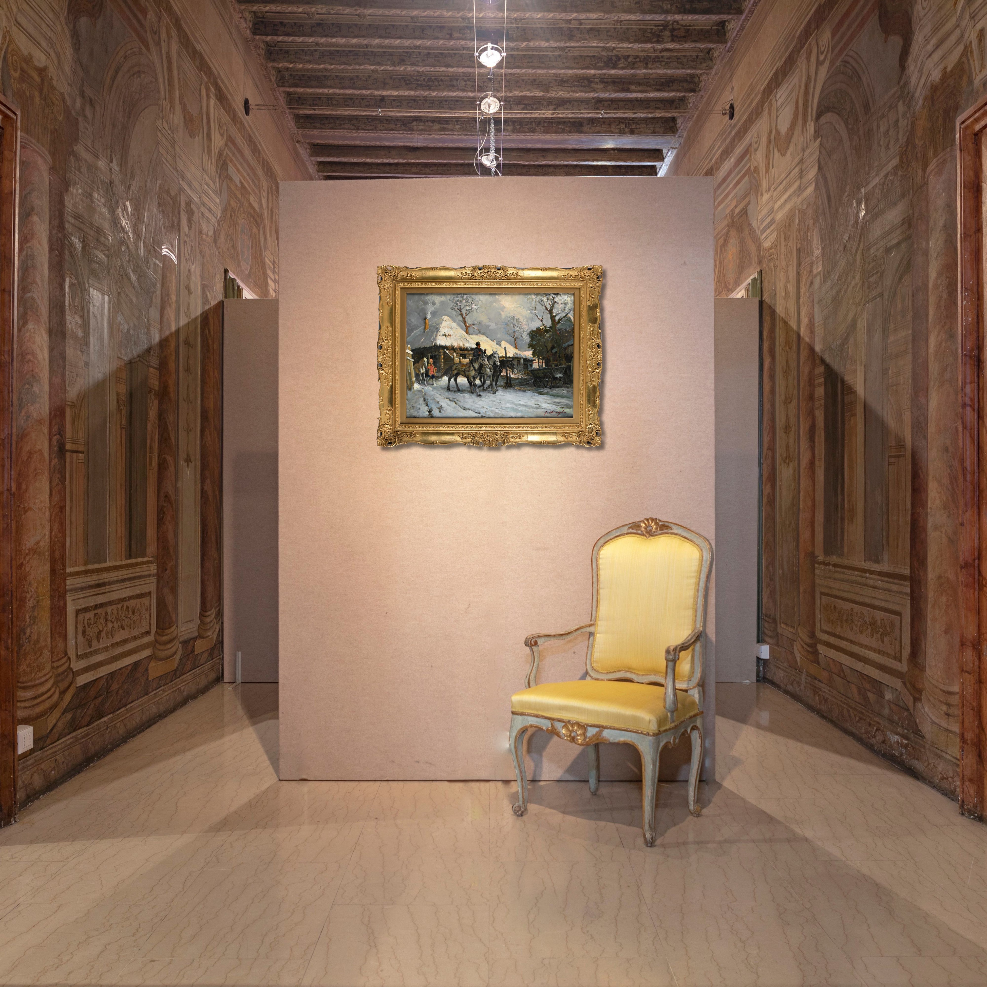 Paesaggio russo con figure e cavalli