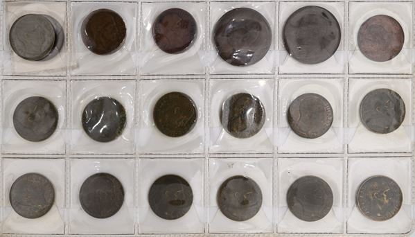 15 monete da 5 centesimi (1912, 1918, 1936 e 1943) Regno d'Italia Vittorio Emanuele III, 2 monete da 2 centesimi 1897 Umberto I e 1915 Vittorio Emanuele III 