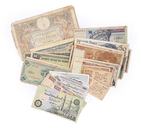 Lotto di 32 banconote italiane ed estere e 3 miniassegni