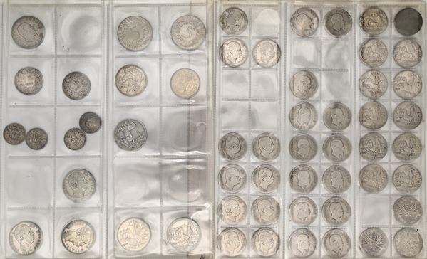 Lotto di 44 monete da 1 Lira e 2 Lire del Regno d'Italia; e 11 di Svizzera, Francia, Olanda, Grecia e Germania