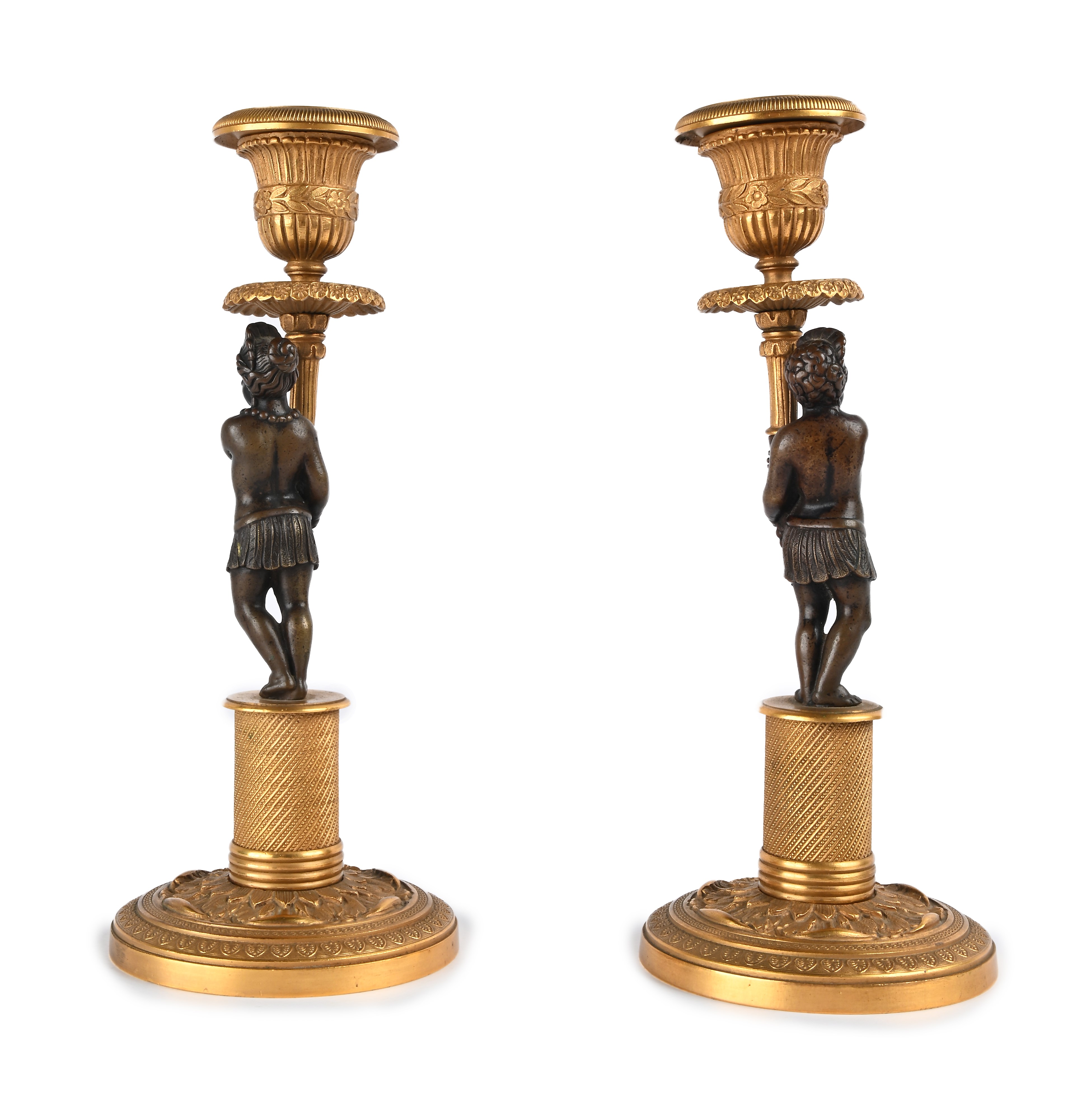 Coppia di Piccoli Candelieri in Bronzo Brunito e Dorato, XIX Secolo
