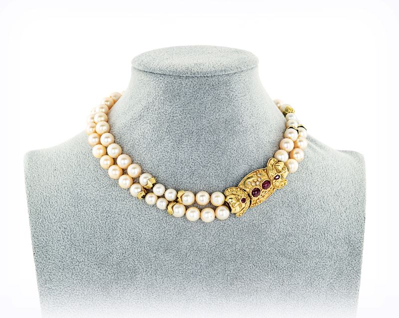 Collana di Perle Coltivate, Oro e Brillante