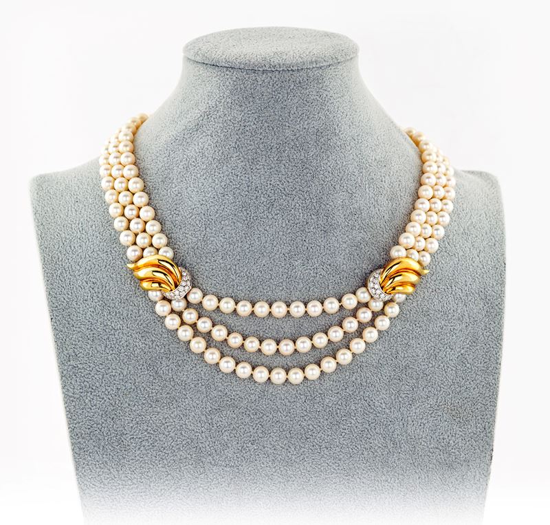 Mikawa, Collana di Perle Coltivate, Oro e Brillanti