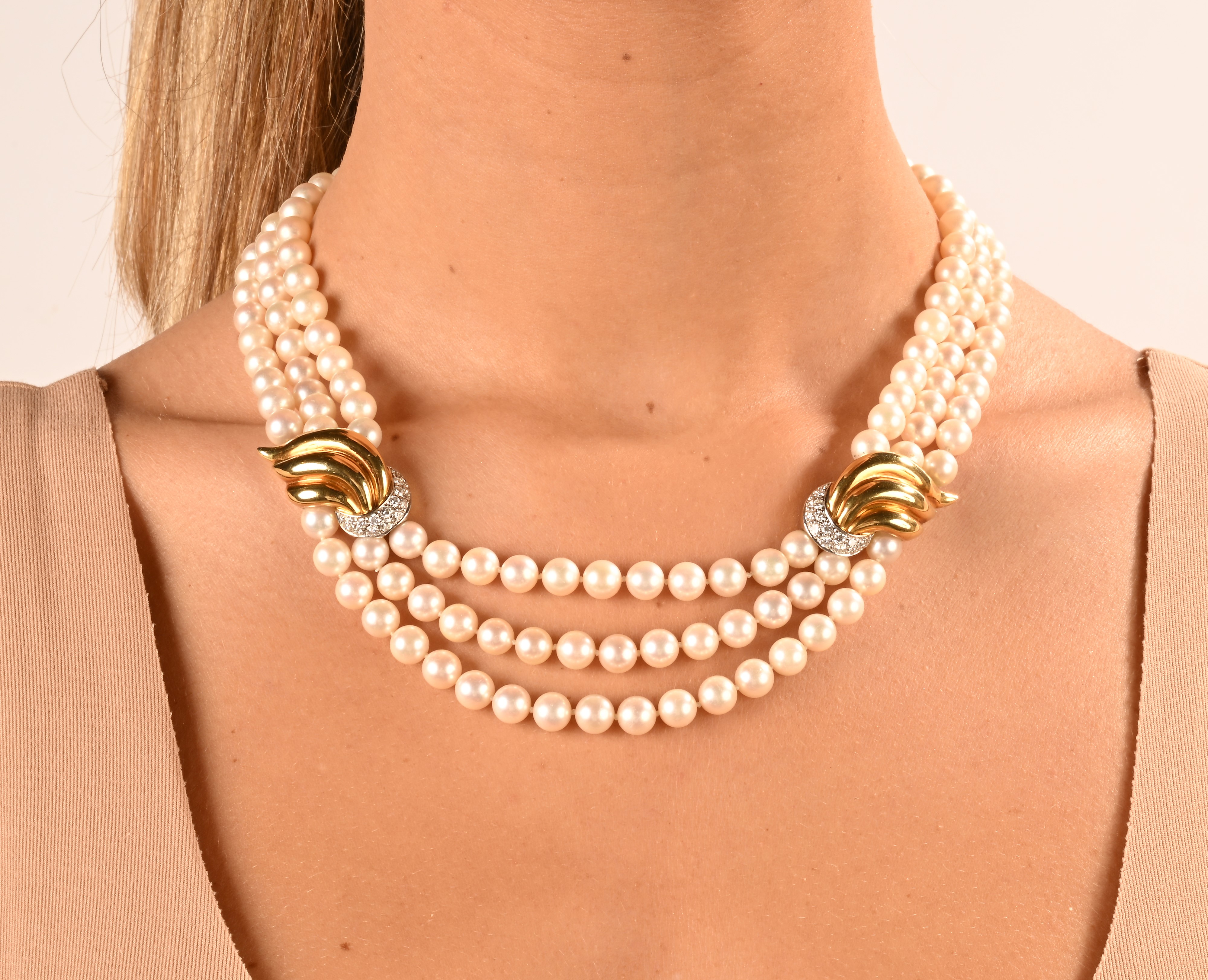 Mikawa, Collana di Perle Coltivate, Oro e Brillanti