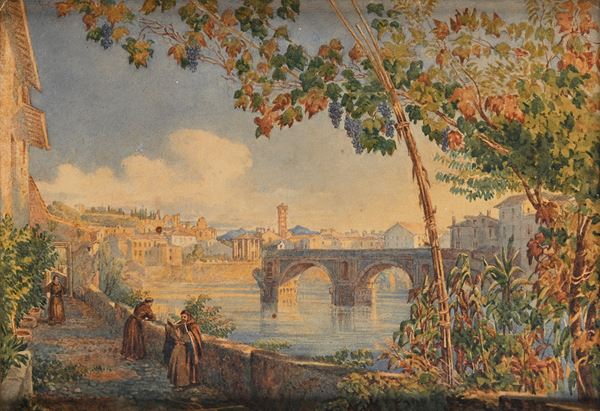 Scuola romana del XIX secolo - Veduta di Roma con ponte Rotto