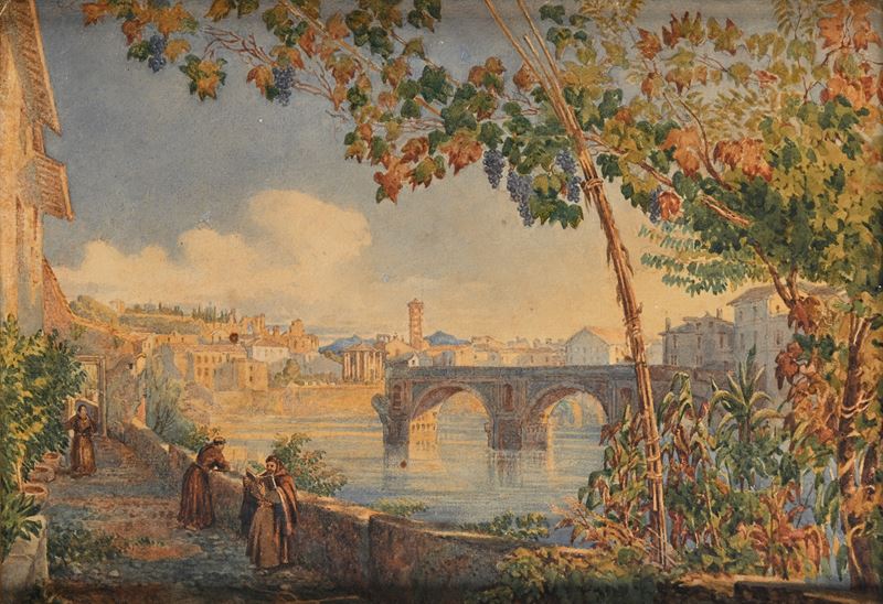Scuola Romana del XIX Secolo - Veduta di Roma con Ponte Rotto