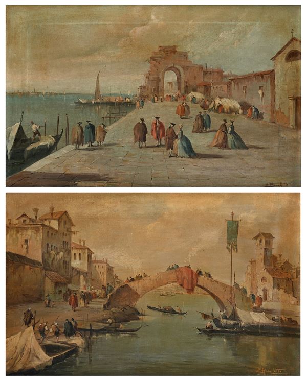 Vedute veneziane con capriccio e personaggi