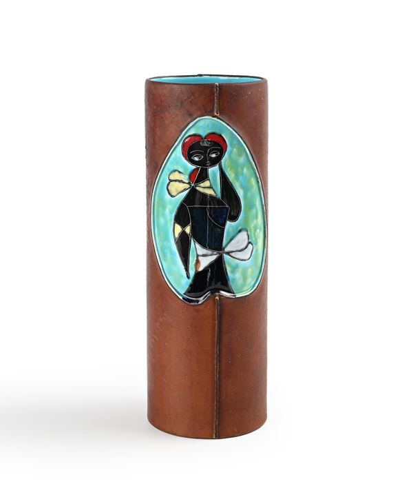 Vaso in ceramica smaltata e cuoio