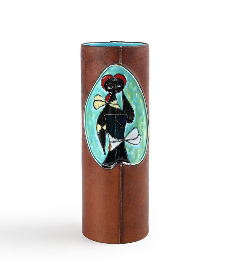 Marcello Fantoni - Vaso in Ceramica Smaltata e Cuoio