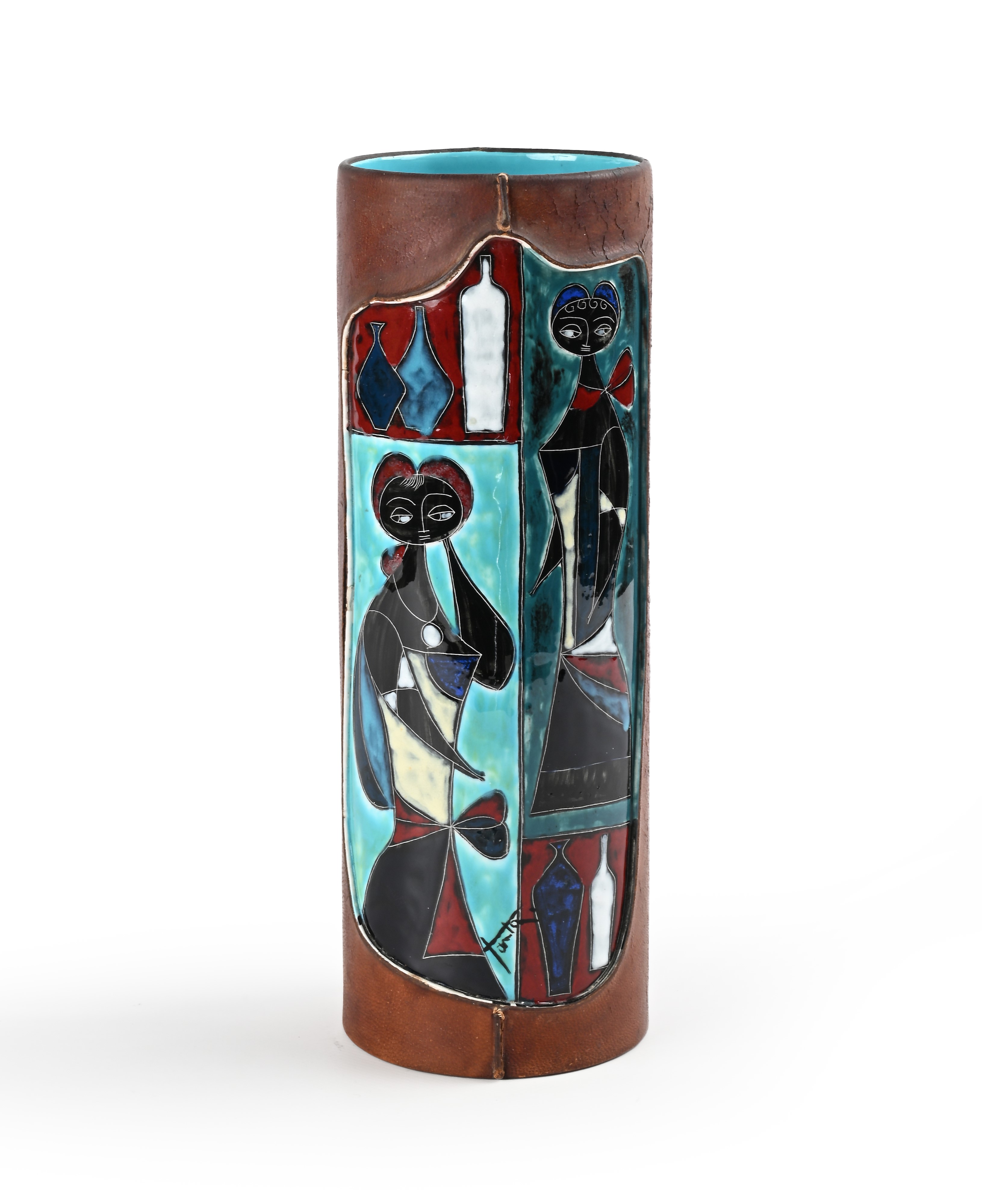 Marcello Fantoni - Vaso in Ceramica Smaltata e Cuoio