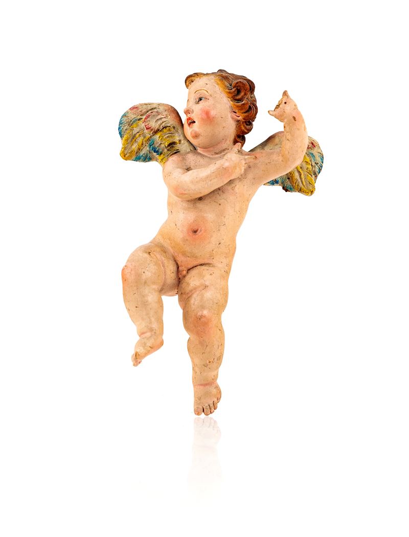 Angioletto Svolazzante in Terracotta Policroma con Ali