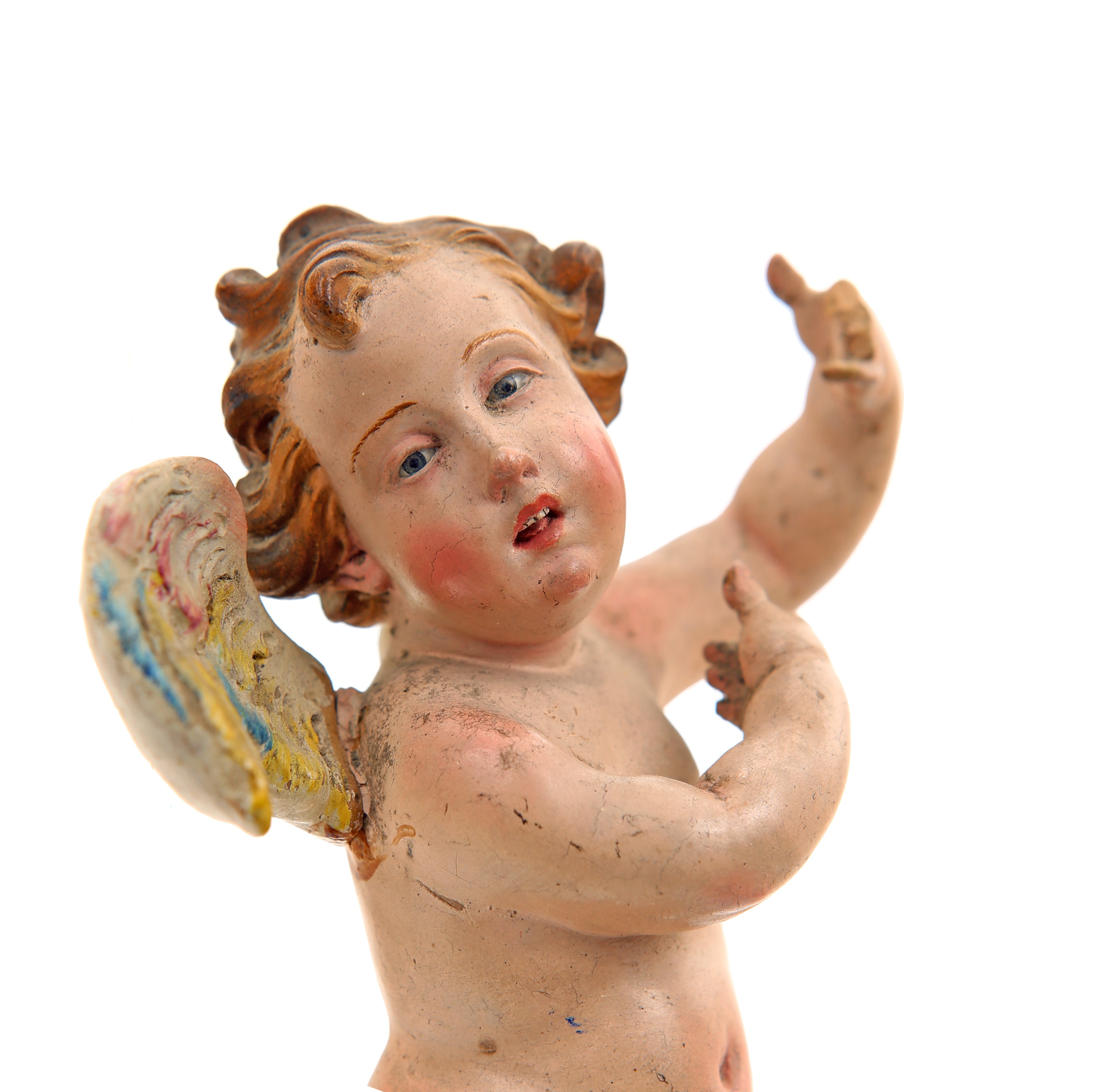 Angioletto svolazzante in terracotta policroma con ali