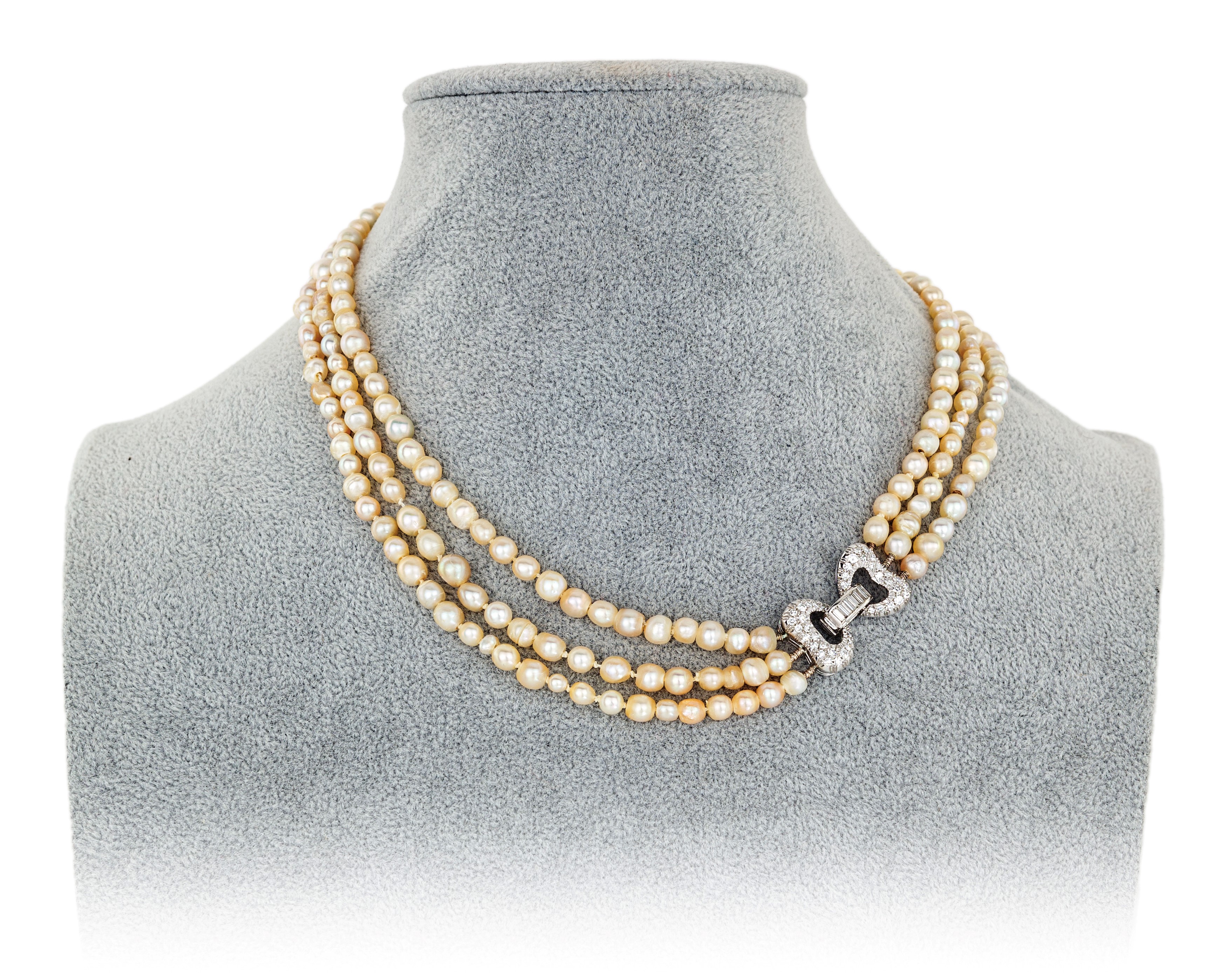Collana di Perle Naturali a Tre Fili, Oro e Brillanti