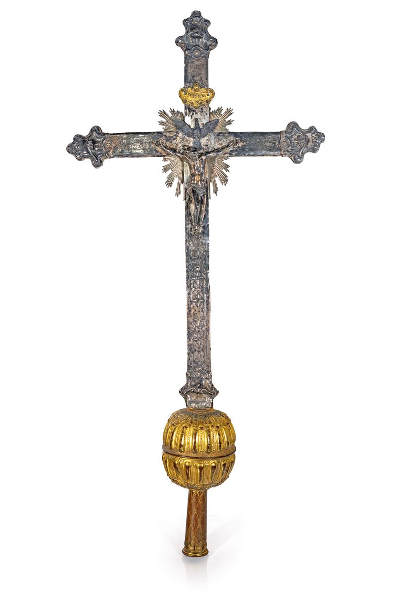 Grande croce processionale in lamina d'argento, XVII secolo
