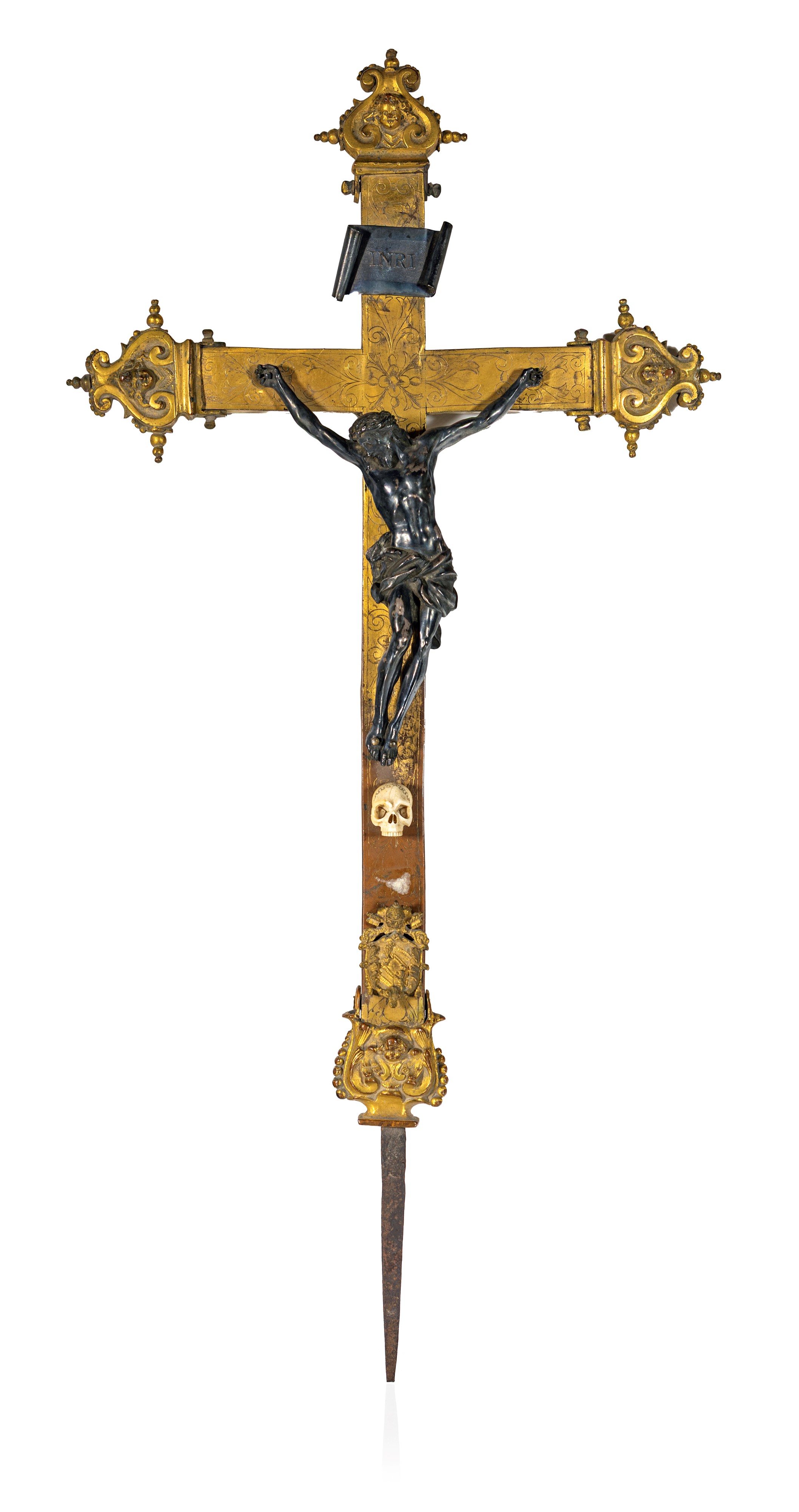 Croce Astile in Argento Dorato con Figura in Argento Brunito, Arte Barocca Romana, Inizi del XVII...