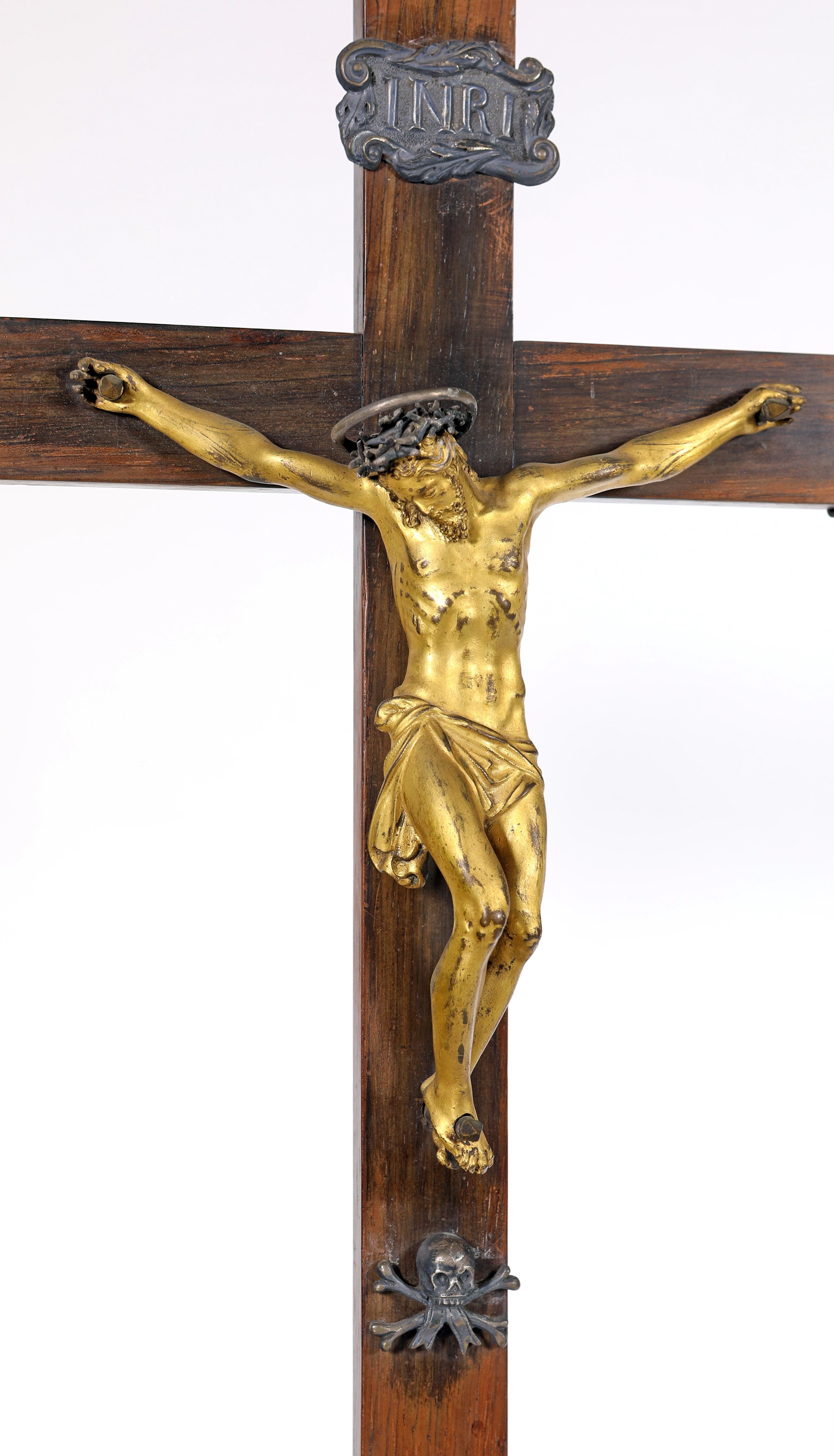 Crocifisso da Altare in Legno e Bronzo Dorato su Base in Marmi Vari, XVIII Secolo