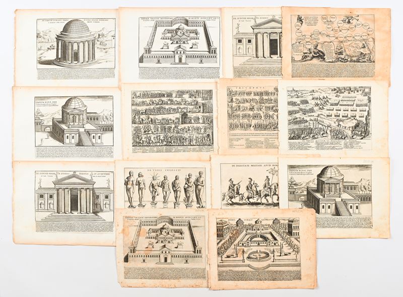 Lotto di 14 incisioni di monumenti ed imprese dei tempi dell'antica Roma di Giacomo Lauro tratte ...