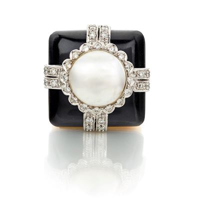 Anello in Oro Perla Mabè, Onice e Brillanti