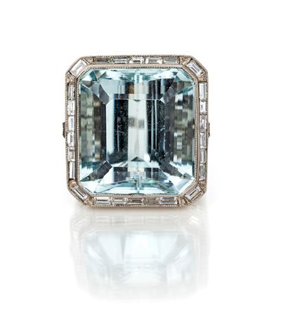 Anello Decò in Platino, Acquamarina e Baguettes