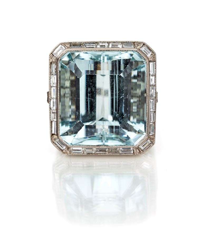 Anello Decò in Platino, Acquamarina e Baguettes