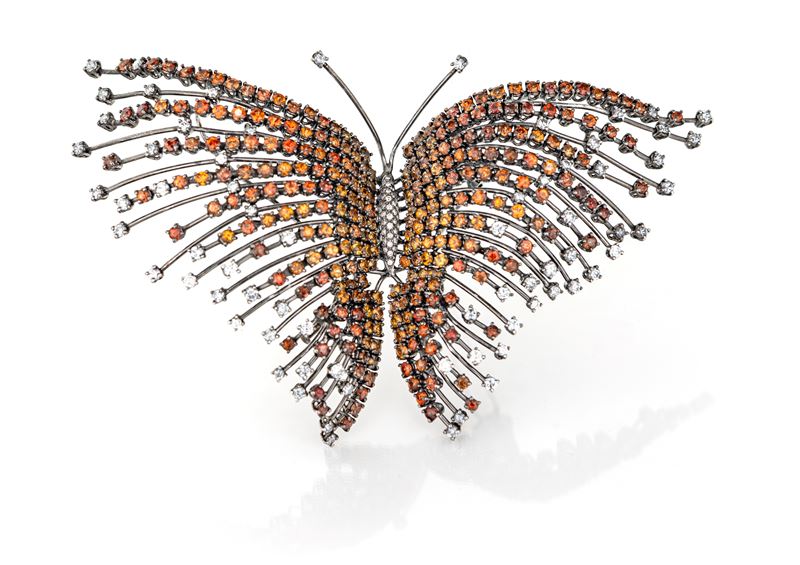 Grande Spilla a Farfalla in Oro, Brillanti e Brillanti Fancy