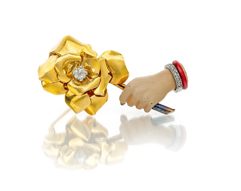Cartier, Rara Spilla Manina in Oro, Smalti e Brillanti