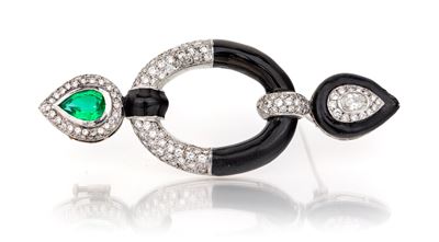 Spilla in Oro, Brillanti Onice e Pietra Verde