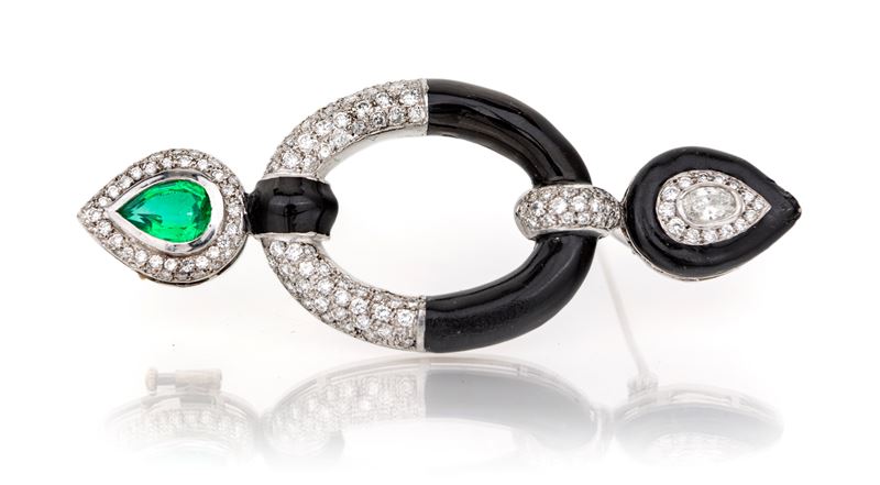 Spilla in Oro, Brillanti Onice e Pietra Verde